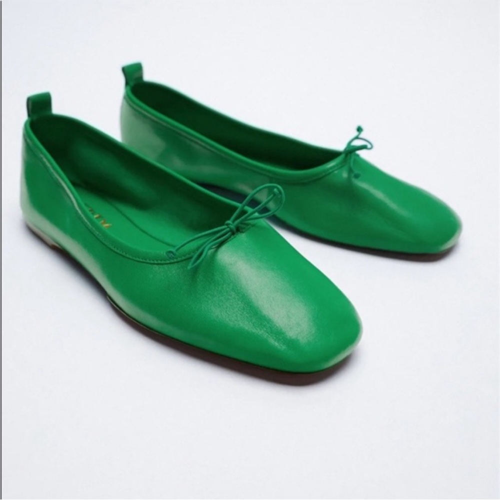 ZARA Bright Green Colorful Ballet Flats Leather Bow Soft Shoes Square Toe Sz 7.5